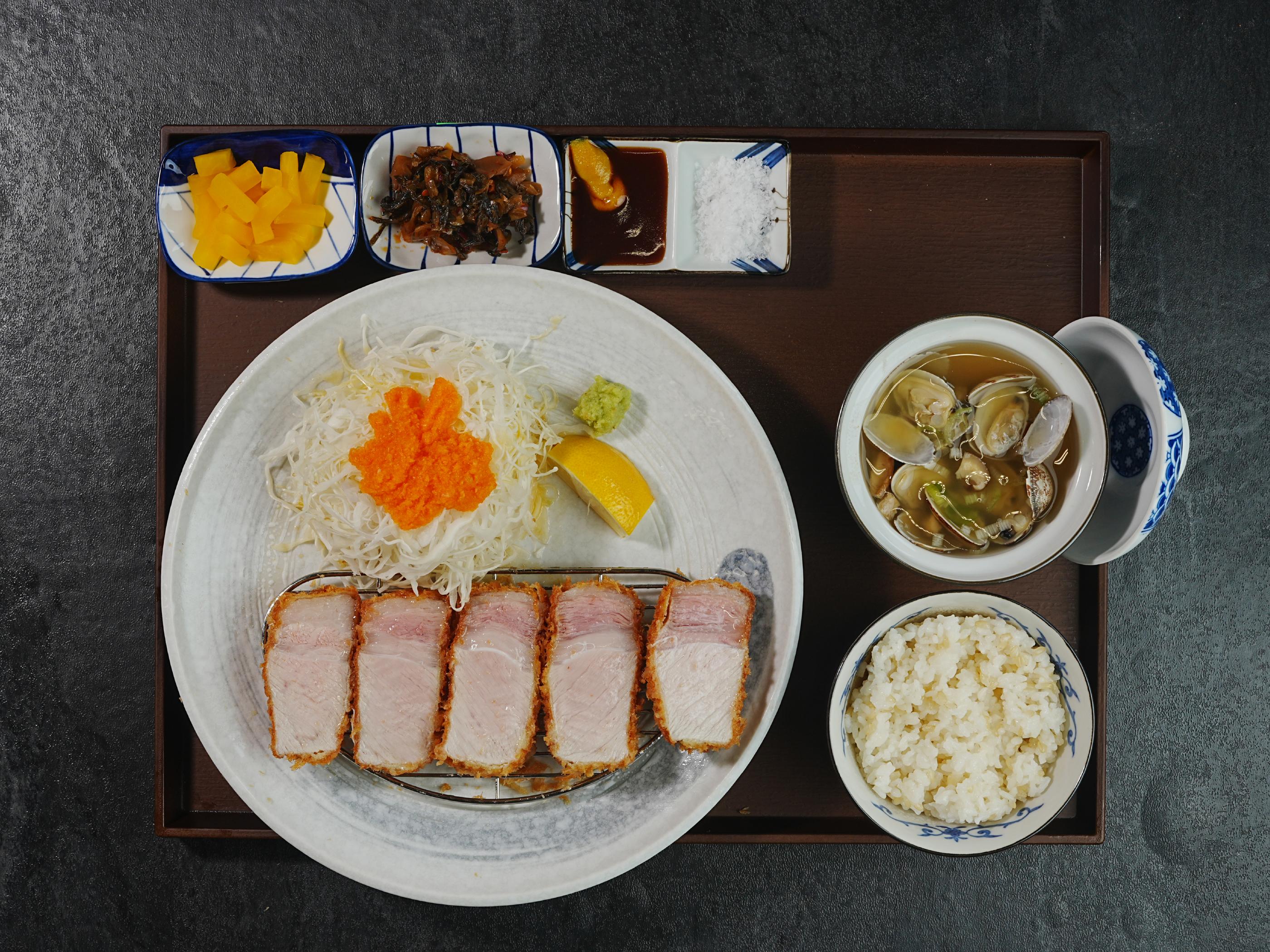 Bando Katsu tonkatsu set meal with rice, soup, cabbage, and side dishes at Hyundai Department Store Trade Center
