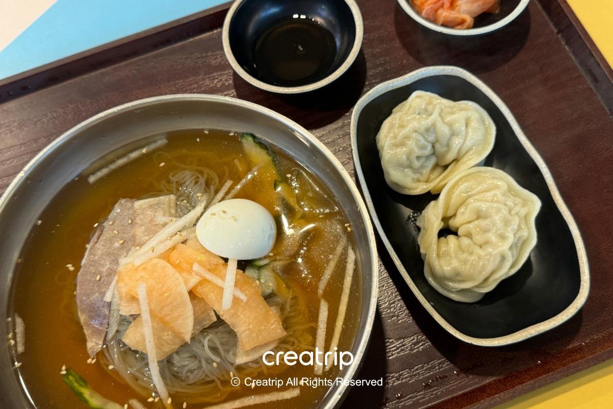 釜山樂天世界Joyful Food Plaza的冷麵餃子套餐：冰涼清湯冷麵配半顆溏心蛋、薄片牛肉與醃蘿蔔，旁邊附兩顆熱騰騰蒸餃與小菜，適合夏日解暑的園區正餐選擇。