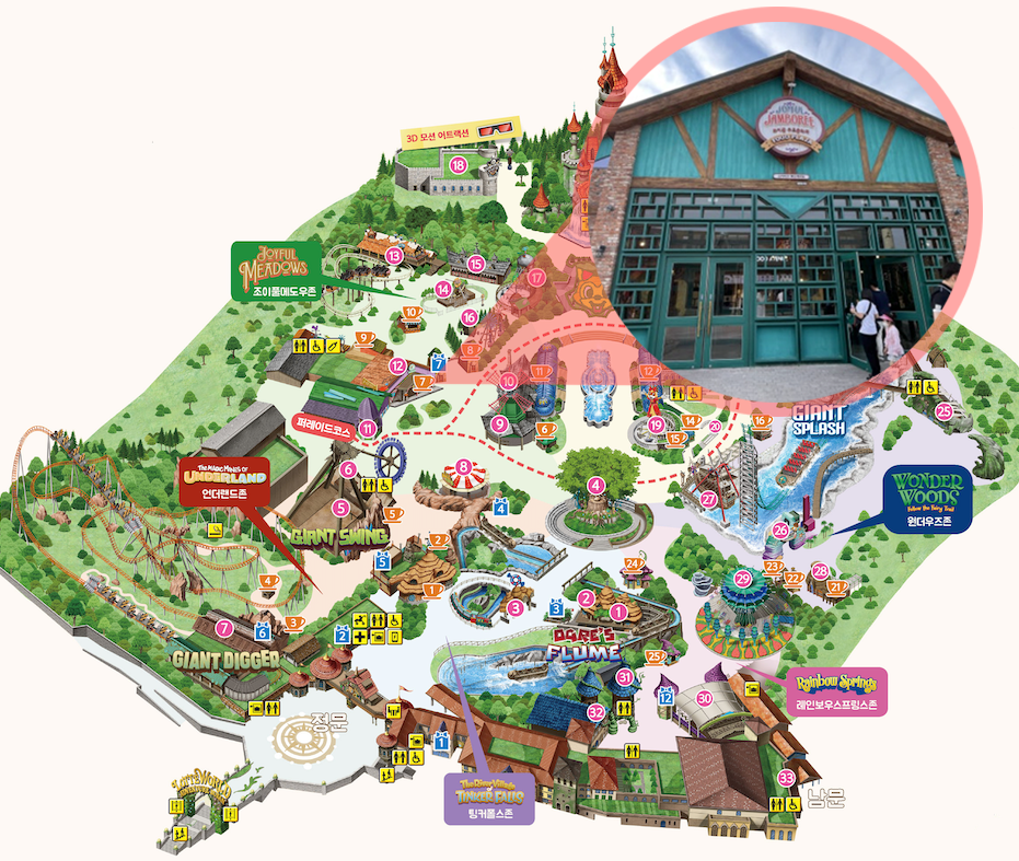 釜山樂天世界園區示意地圖，標示遊樂設施與美食廣場位置，右上放大圈顯示入口建築，協助規劃用餐與遊玩動線。