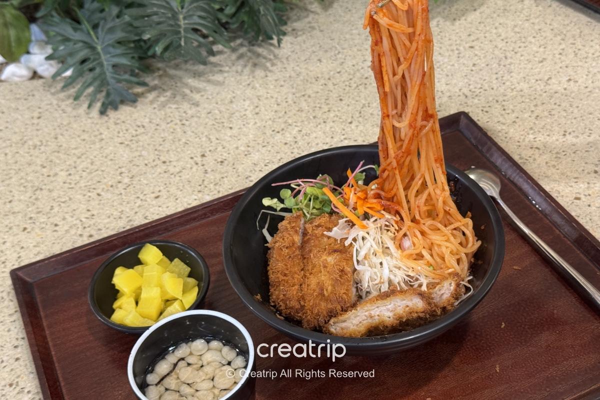 釜山樂天世界速食丼：炸豬排鋪在高麗菜絲上，伴有酸甜涼拌麵與醃蘿蔔小菜，適合想快速用餐後繼續遊玩的家庭友善餐點展示