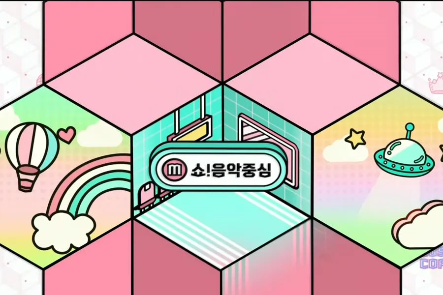 ショー!音楽中心音楽番組のロゴ、カラフルでポップな背景