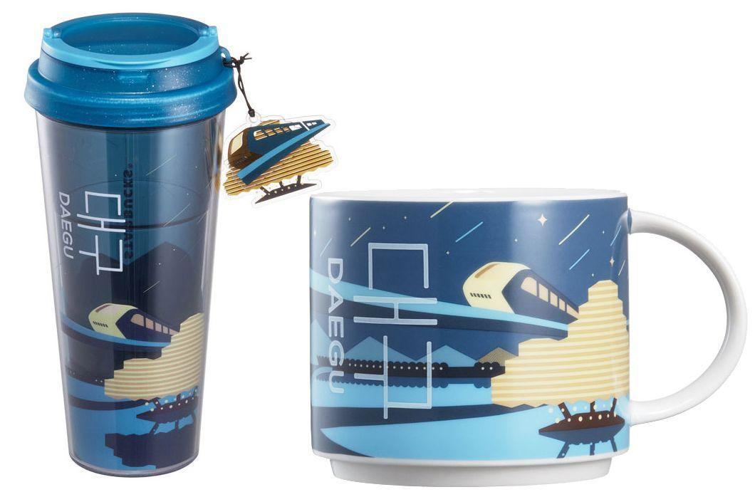 大邱星巴克城市主题马克杯展示寿城池塘，夜晚满天星景象。