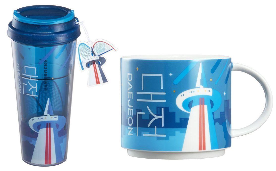 大田星巴克城市主题马克杯描绘EXPO大桥和Hanbi塔的现代美感设计。