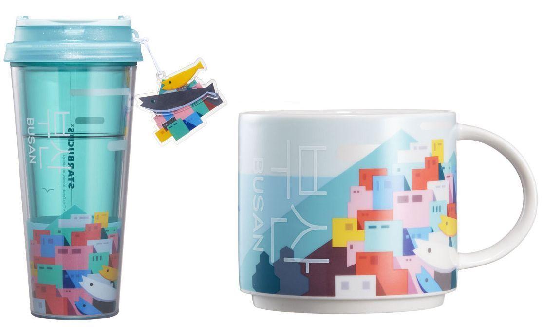 釜山市星巴克城市版本水杯和马克杯，彩色房屋图案揭示釜山多样的魅力。