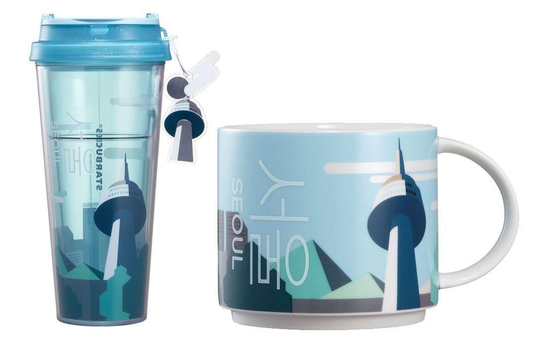 首尔南山塔主题的星巴克水杯和马克杯，展示韩国标志性塔楼图案。