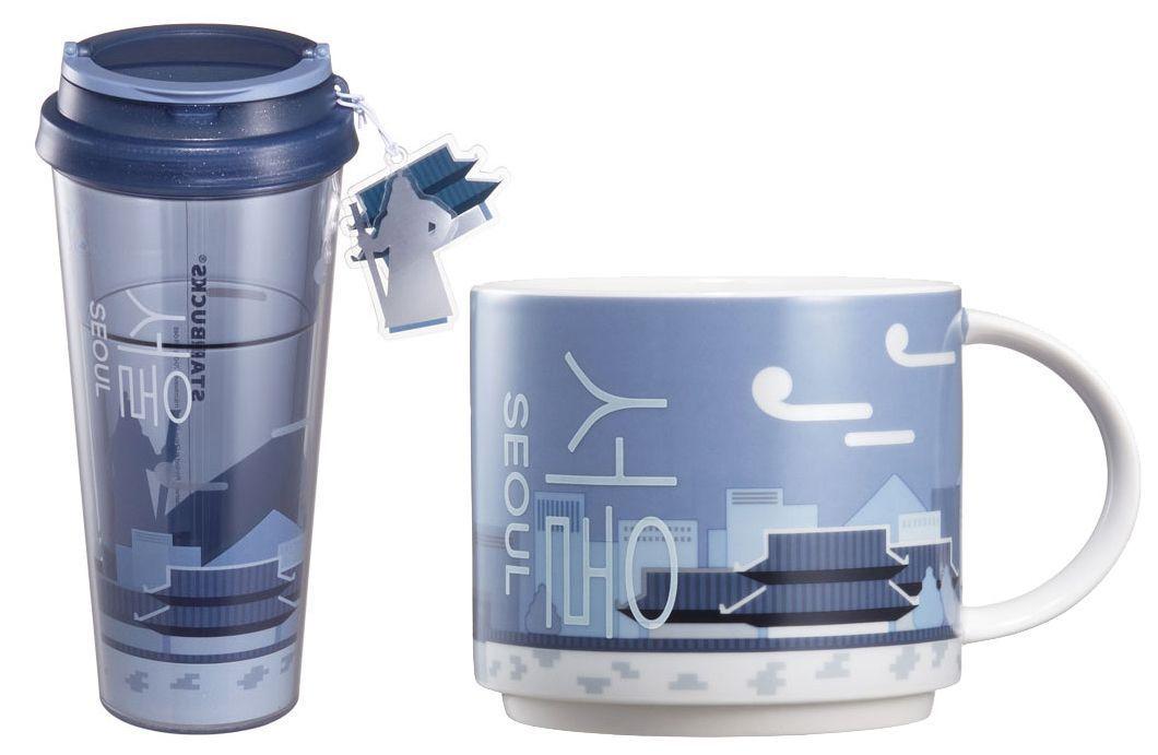 首尔宫殿主题星巴克杯，展示宫殿和韩国忠武公李舜臣设计，深蓝色杯子给人优雅高贵的感觉。