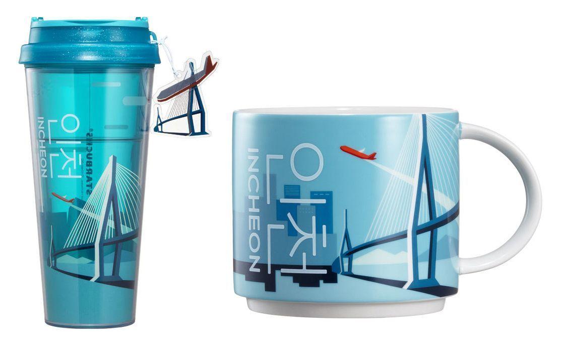 仁川城市主题的星巴克马克杯，与歌德式建筑和壮观的仁川大桥为主题。