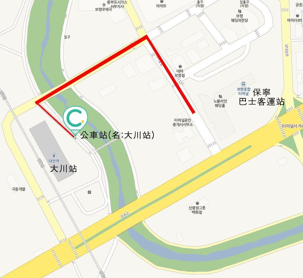 Map of Boryeong Transport showing nearby bus connections and routes to Daechon Beach.