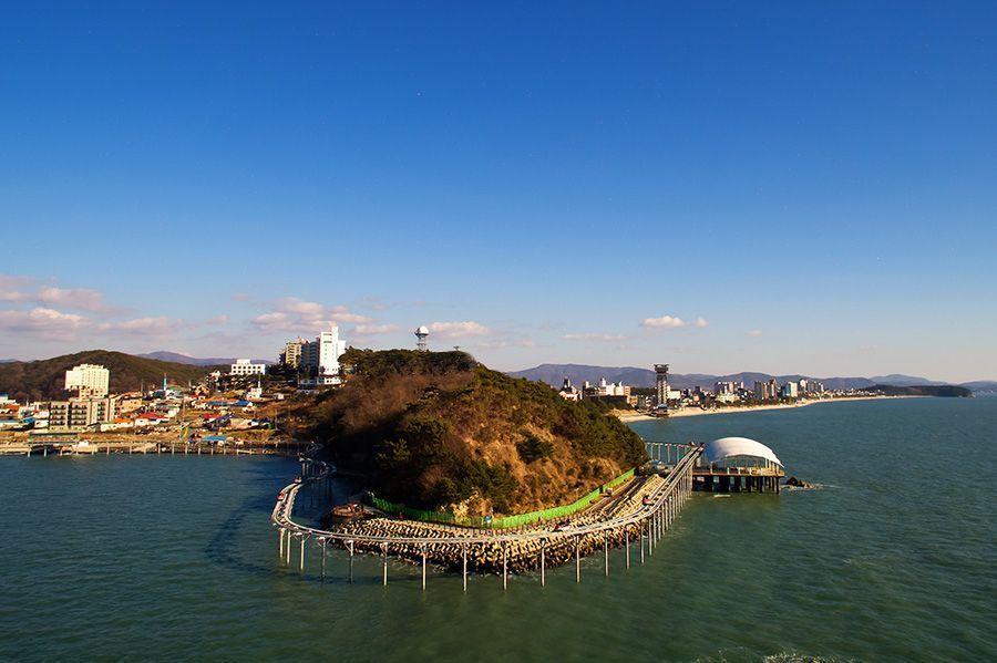 Daechon Beach with popular Skybike, offering stunning views of the ocean and coastline.