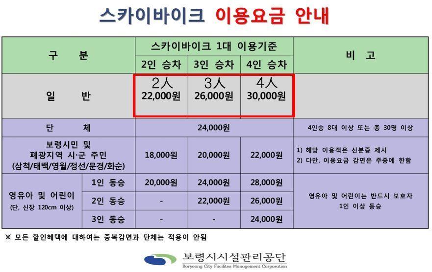 Skybike pricing chart for visitors to Daechon Beach, detailing costs for different group sizes.