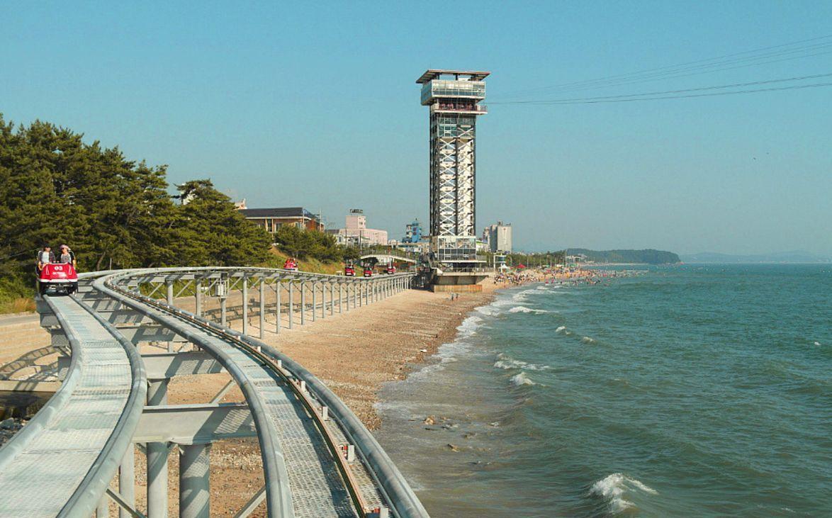 The scenic beachside view from the Skybike tracks at Daechon Beach, showing the beautiful coastline.