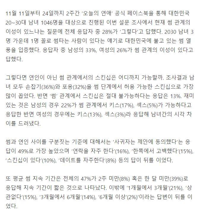 Text discussing survey about '썸' in Korean relationships and social norms.