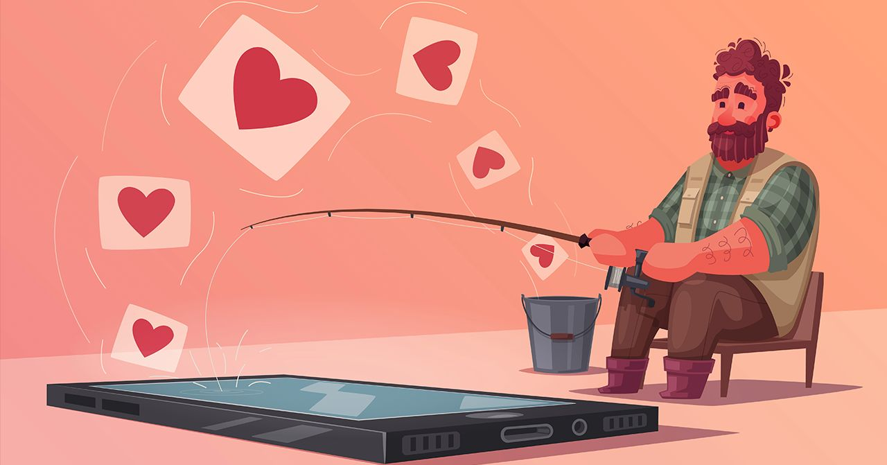 Cartoon illustration of a man fishing for hearts from a mobile phone symbolizing modern dating.