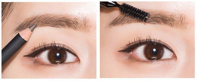 Demonstration of using MISSHA brow pencil on sparse eyebrows to achieve a natural and defined look.
