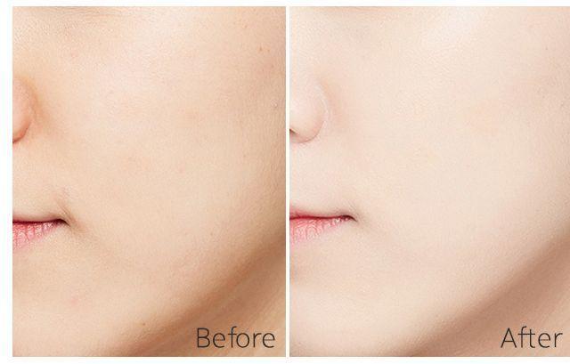 Comparison of skin tone before and after applying MISSHA's Sun Tension tint for brighter complexion.