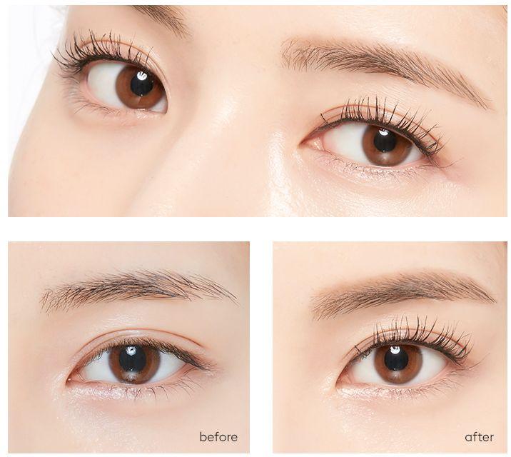 Before and after use of MISSHA Ultra Powerproof Mascara showing dramatic eyelash volume and curl.