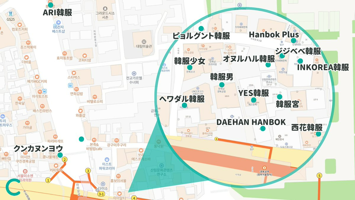 韓国ソウルのおすすめ韓服レンタル店が位置するエリアマップ。景福宮エリアに韓服レンタル店が集まっている。