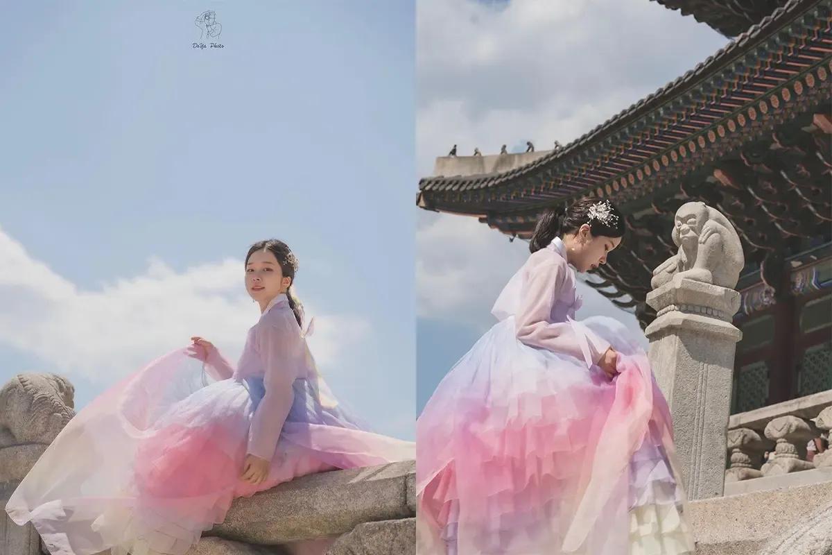 Ari Hanbokで展示されている、パーソナルカラーに合わせた色とデザインの韓服。」