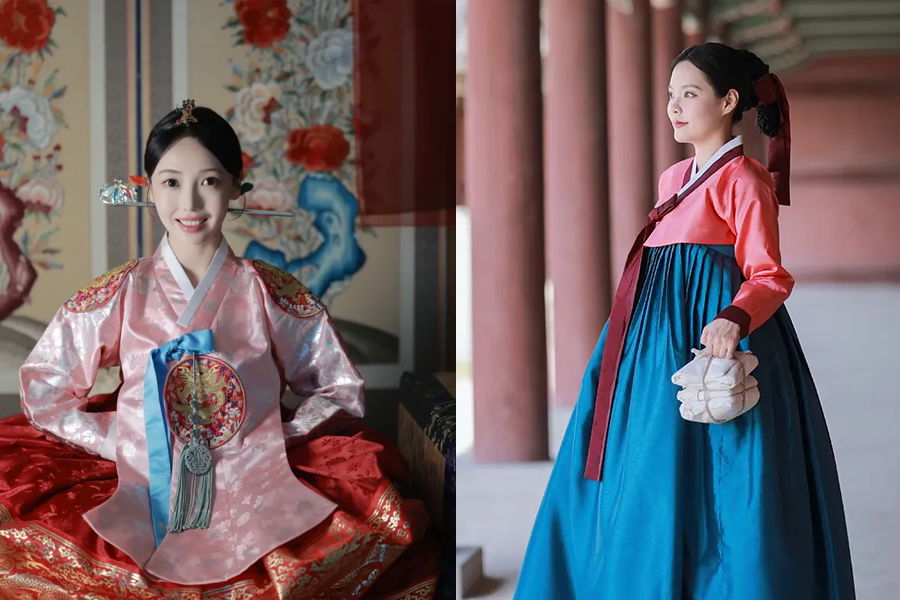 A split image featuring two individuals dressed in elaborate hanbok; the left in pink silk with golden embroidery and the right in a combination of pink and teal, symbolizing traditional Korean fashion elegance.