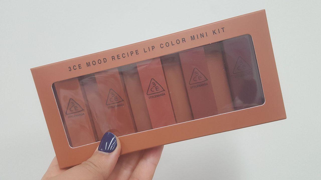 Individual 3CE Mood Recipe Lip Color Mini Kit shown in hand, showcasing size and packaging.