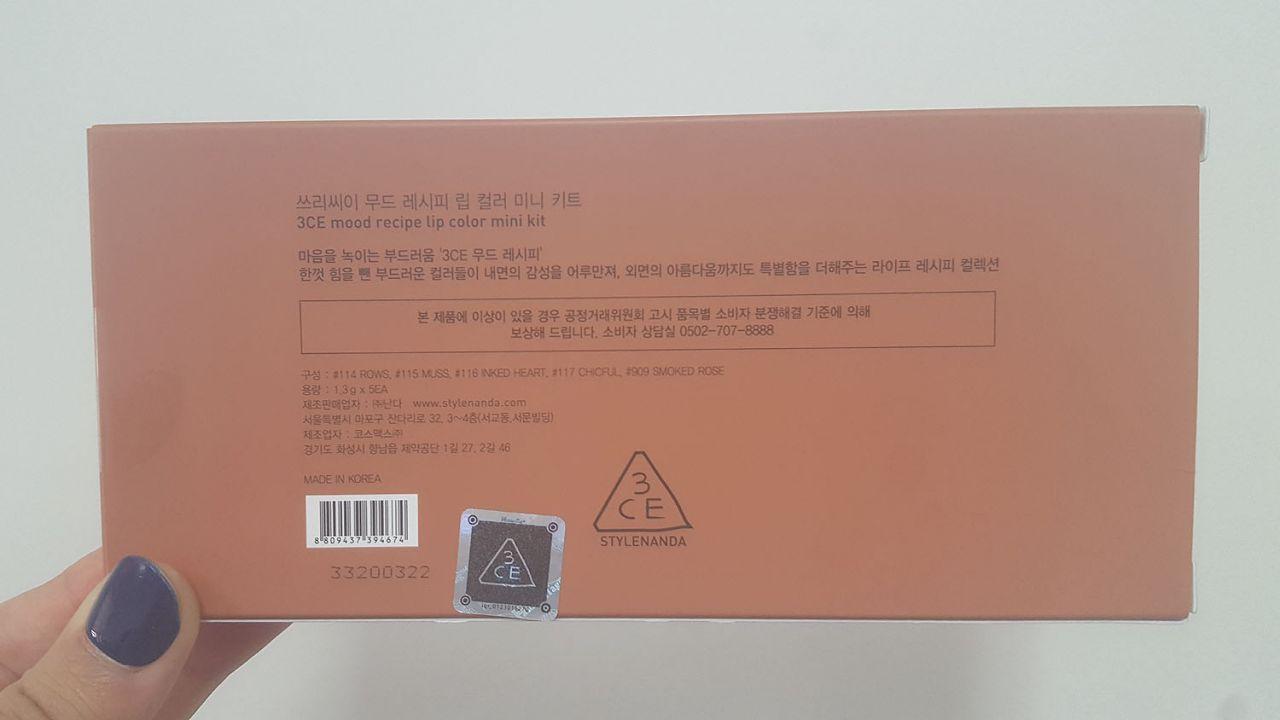 Backside of 3CE Mood Recipe Lip Color Mini Kit box, detailing product information.
