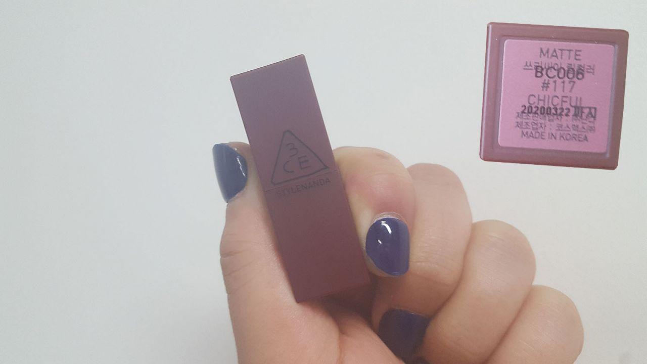 Final 3CE lipstick color #117 CHICFUL, a darker berry hue suitable for night looks.