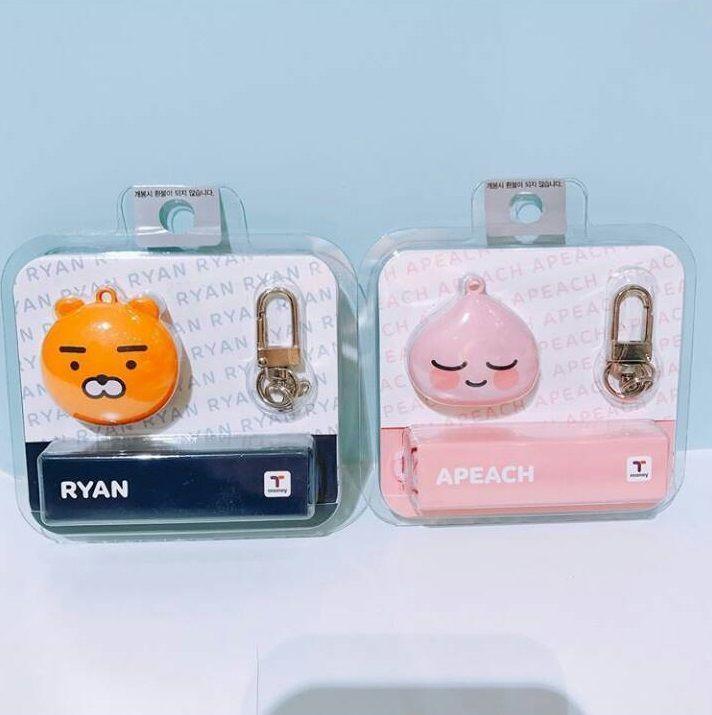 Kakao Friends T-Money keychain-style cards displayed in packaging, showcasing the convenience of portable transportation cards.