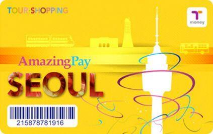 Amazing Pay T-Money card with a vibrant design offering discounts on transportation and attractions in Seoul.