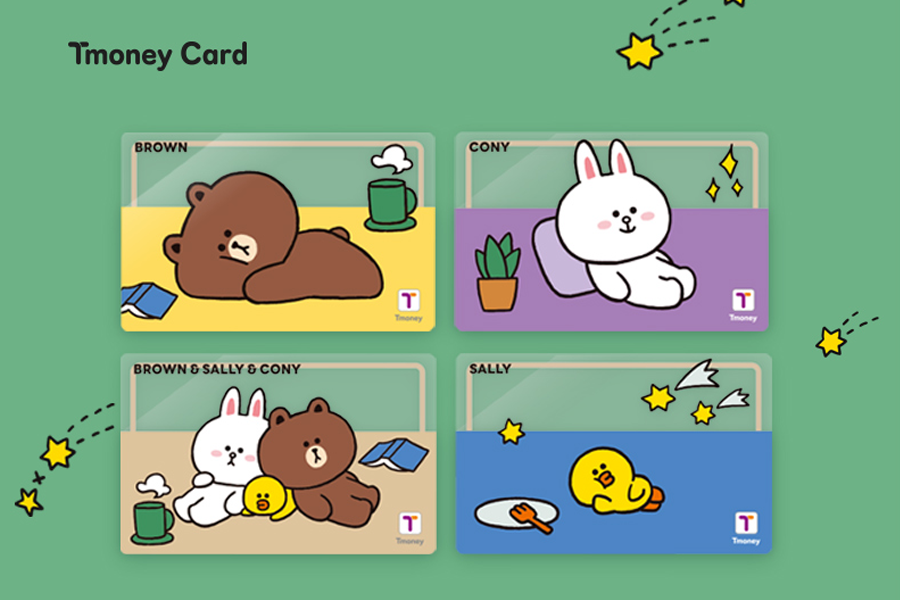 Korean Tmoney cards featuring adorable LINE Friends character designs, popular for convenience and ease of public transport use.