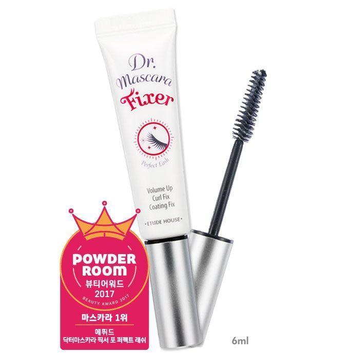 Etude House Dr. Mascara Fixer for Perfect Lash, shown with the Powder Room Beauty Award 2017 logo, a must-have product for long-lasting curled lashes.