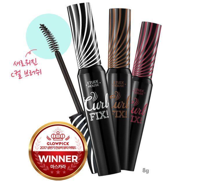 Etude House Curl Fix! Mascara trio, awarded for excellence, offering lasting curl in various shades.