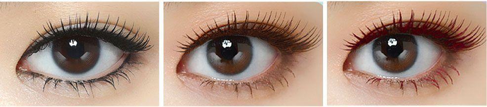 Image showcasing three eye makeup looks with Etude House Curl Fix! Mascara in black, brown, and burgundy shades.