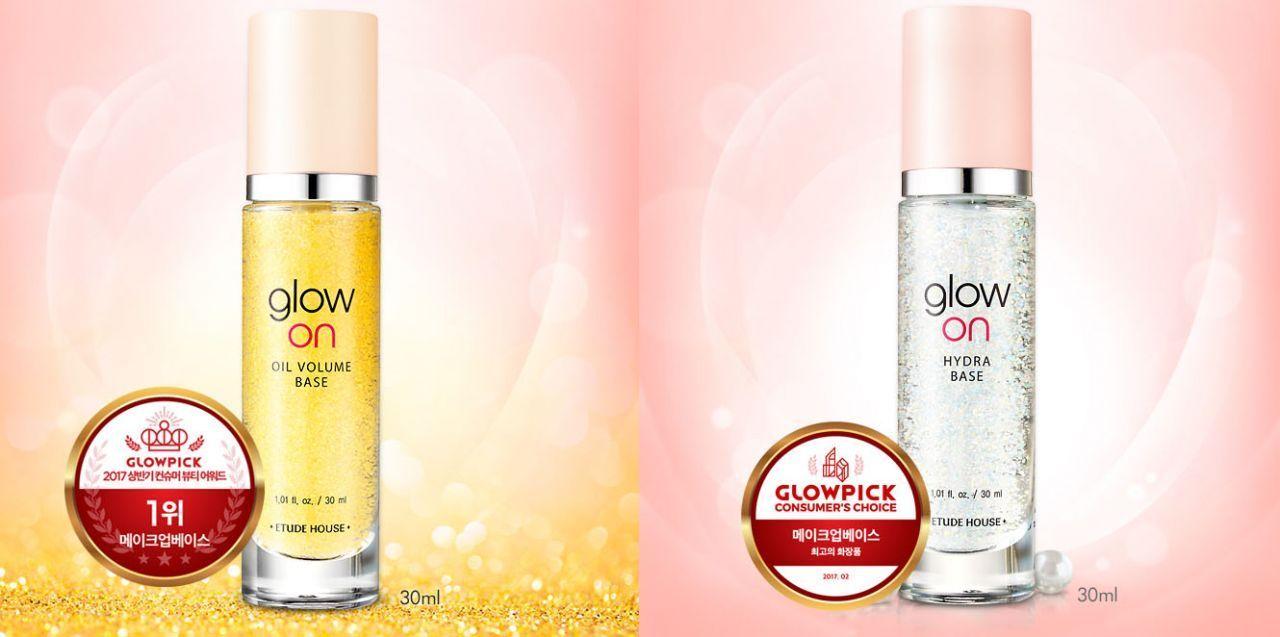 Etude House Glow On Oil Volume Base and Hydra Base, both awarded for superior performance, enhancing makeup longevity.