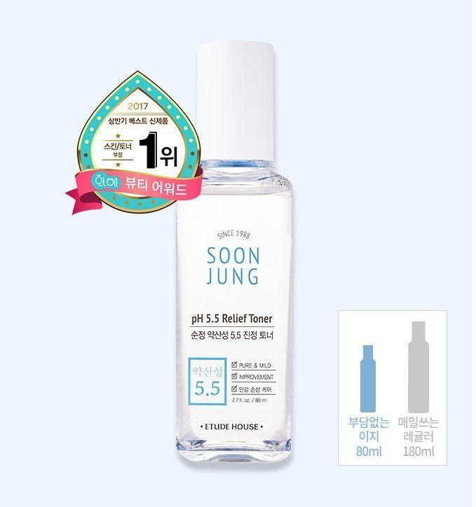 Etude House Soon Jung pH 5.5 Relief Toner with award badge, noted for its soothing properties suitable for sensitive skin.