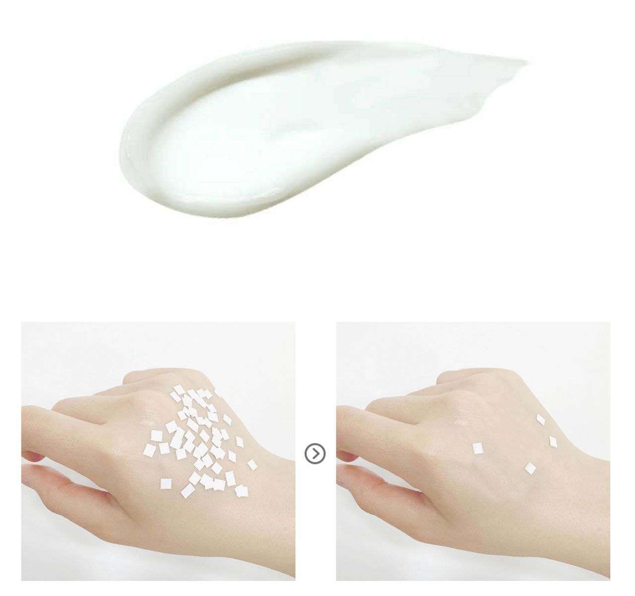 在手上使用白樺木防曬的白色霜狀質地，展示防曬前後的細膩變化。