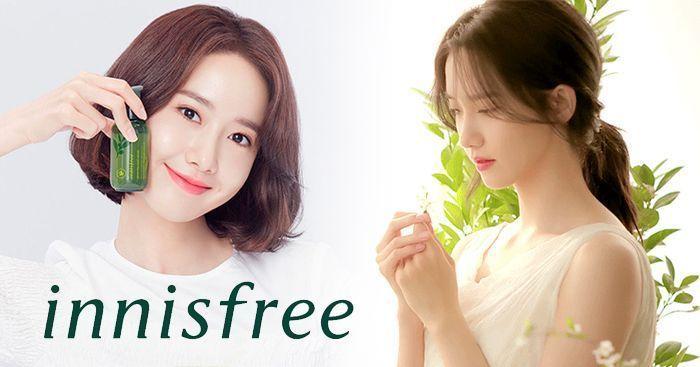 innisfree skincare products displayed alongside natural elements, highlighting the brand's focus on eco-friendly and natural beauty.