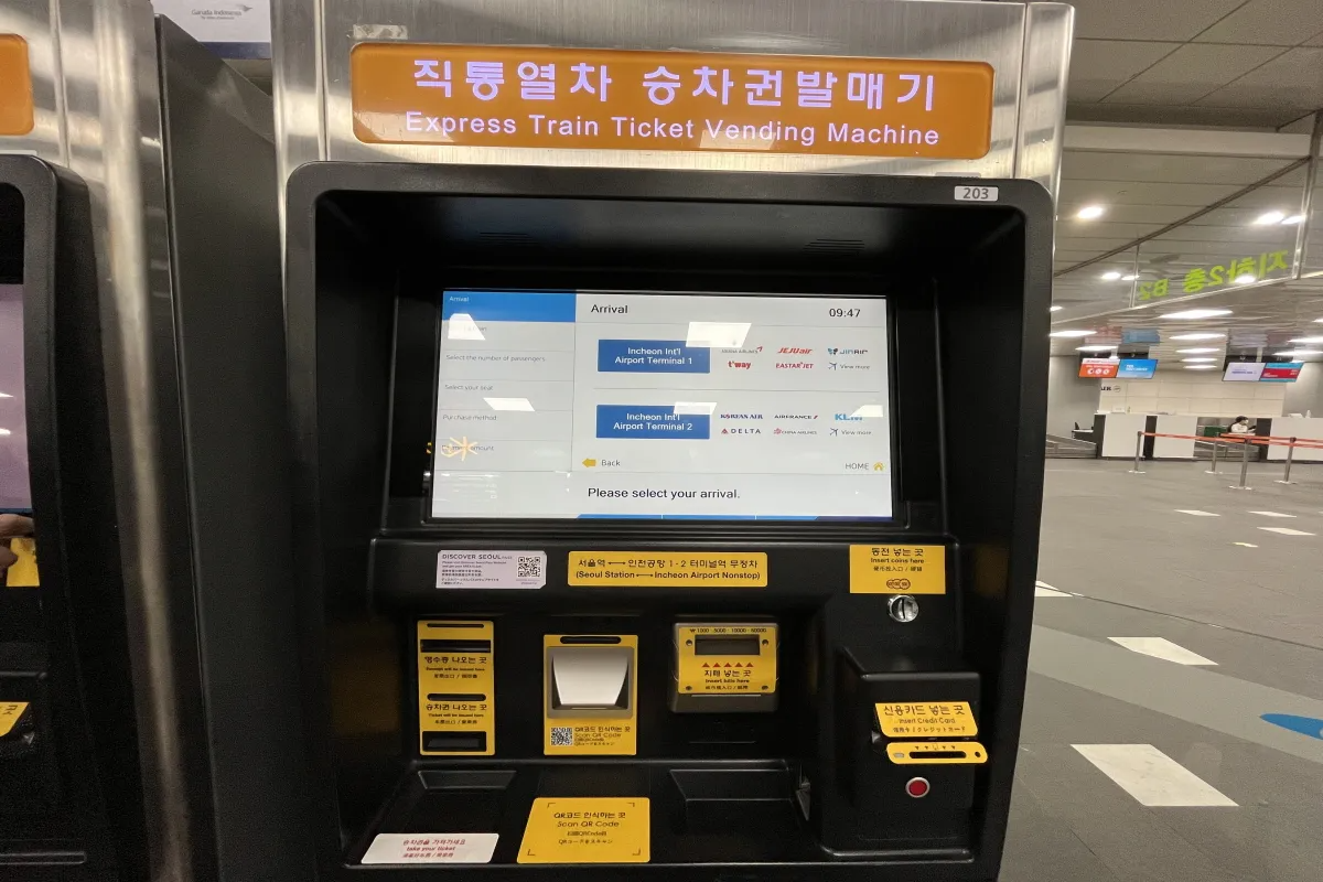 AREX Ticket kiosk at Seoul Station destination selection screen