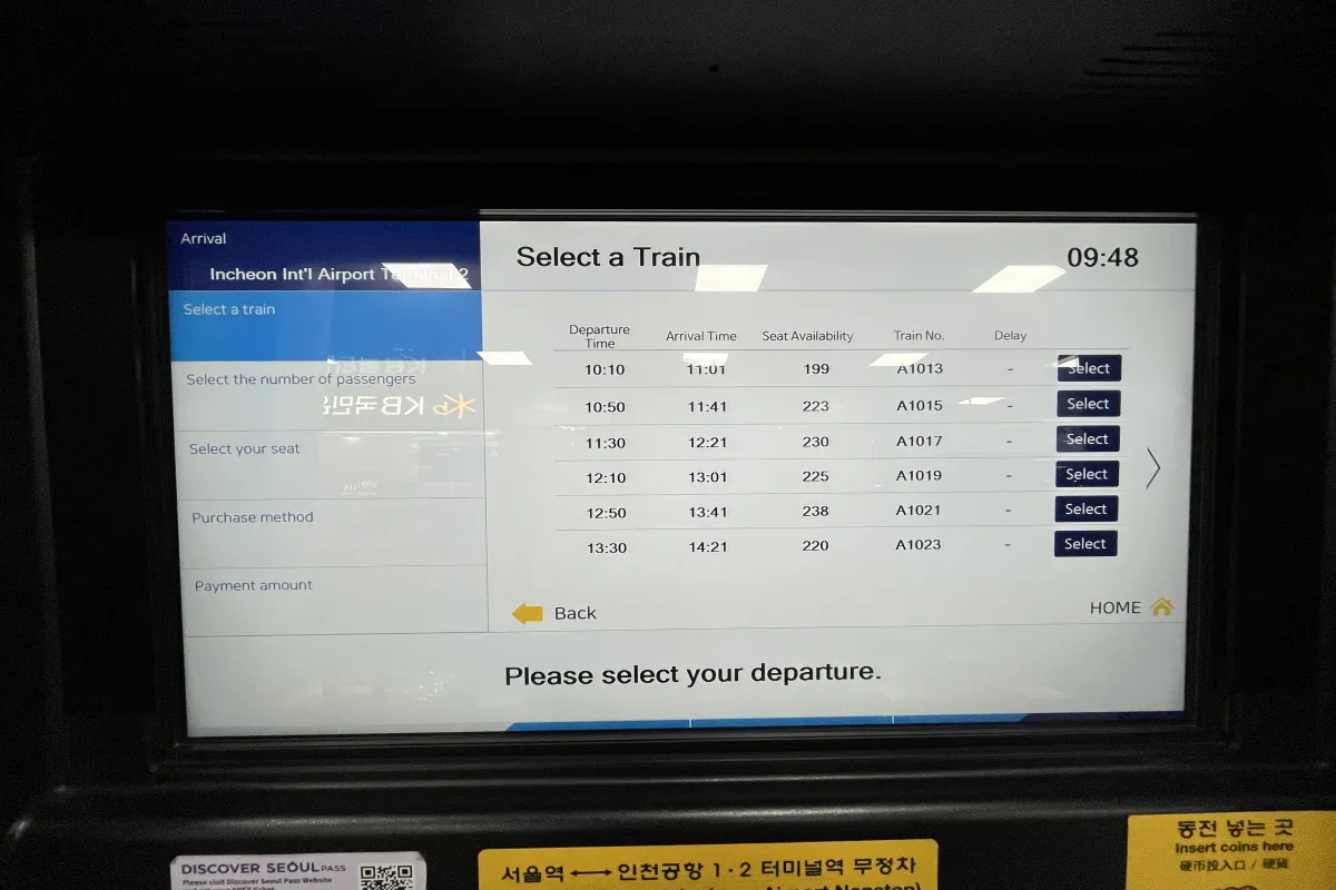 AREX Ticket kiosk at Seoul Station time and train selection screen