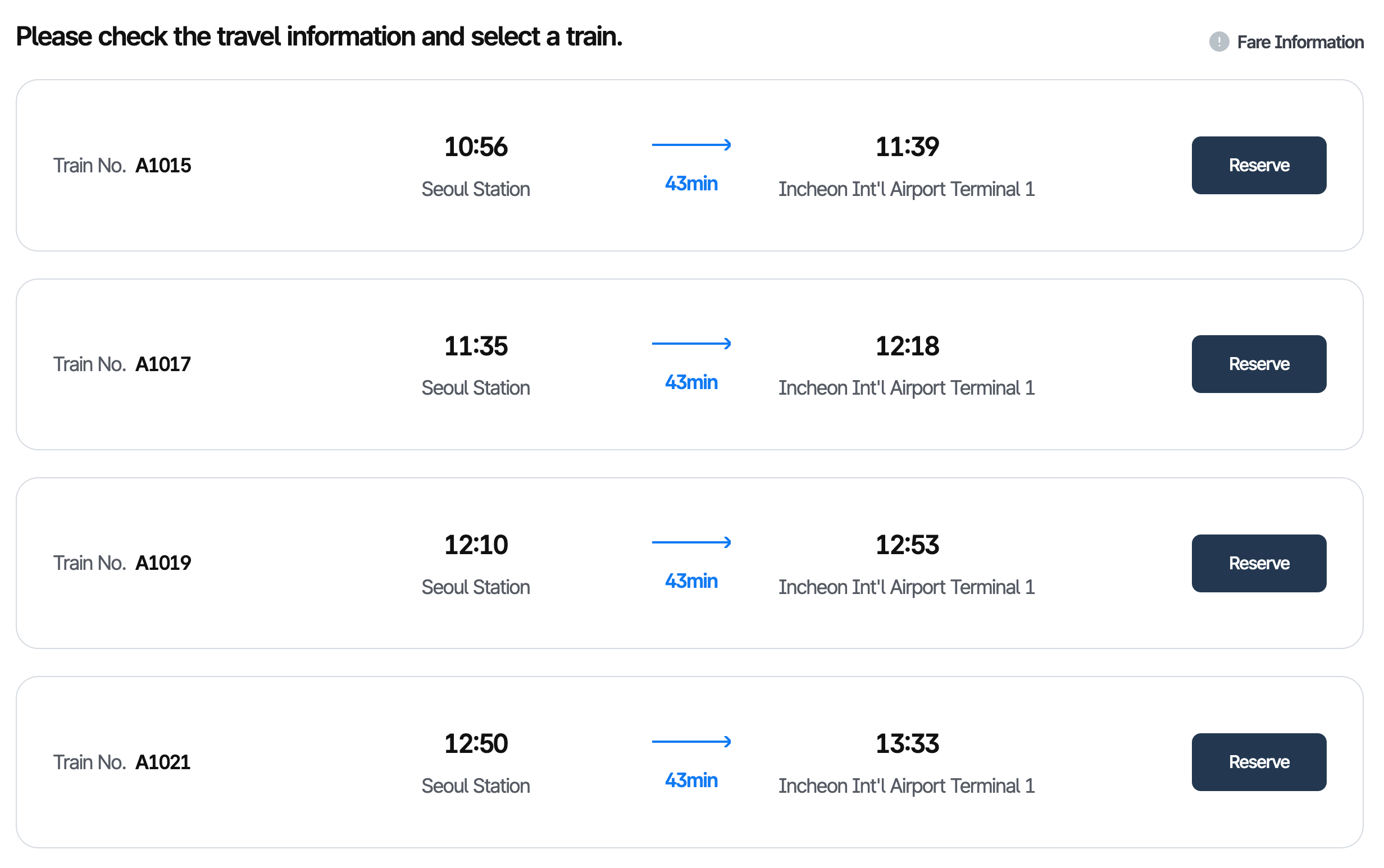 Screenshot of AREX booking page, selecting time of train