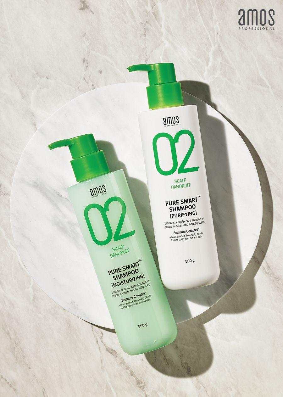 amos智能油份护理洗发精产品图，展示两种瓶身设计，适合清洁霾害和空气品质差时的头皮。