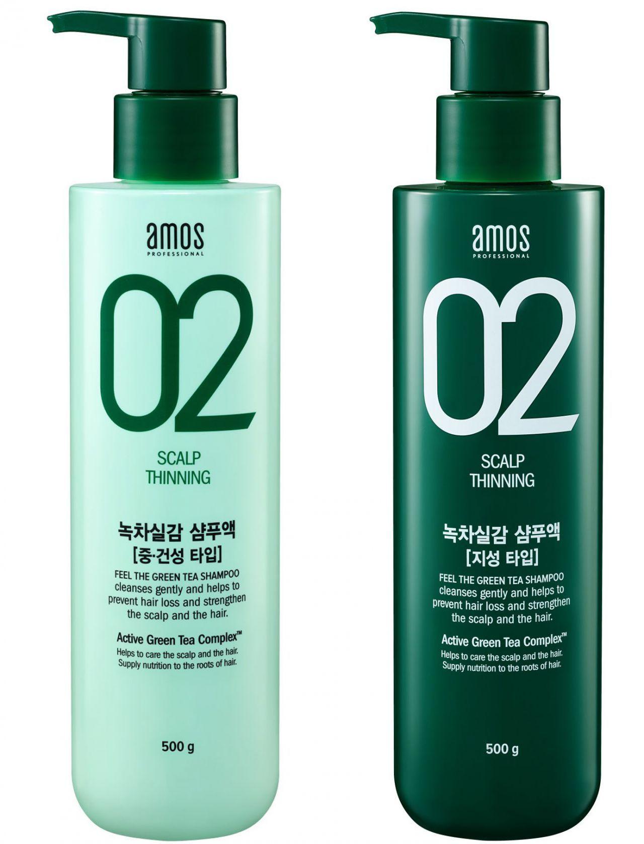 amos绿茶实感洗发精产品图，适合中性和油性头皮，提供薄荷效果，克服掉发问题。