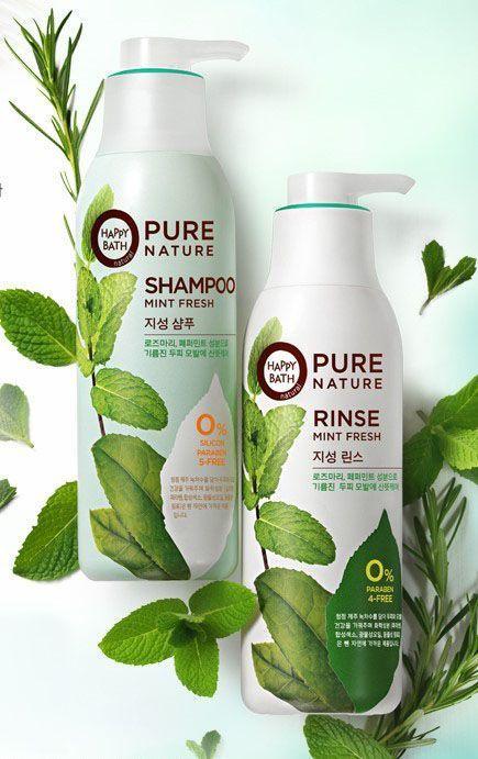 韩国Happy Bath 清新薄荷洗发精产品图，展示洗发精和护发精华的搭配使用效果。