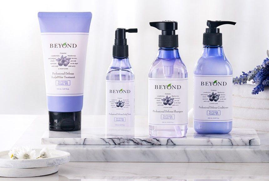 韩国BEYOND 蓝莓果香修护洗发精产品图，展现系列产品组合，包括护发剂。