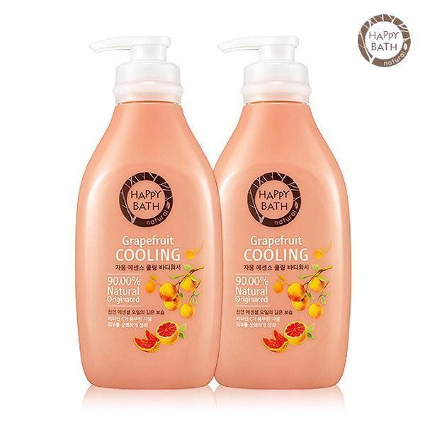 Happy Bath柚子精油凉爽沐浴乳，该产品包装为蜜色和柔和植物图案，结合清新夏日香气设计，适合夏季清爽使用者。