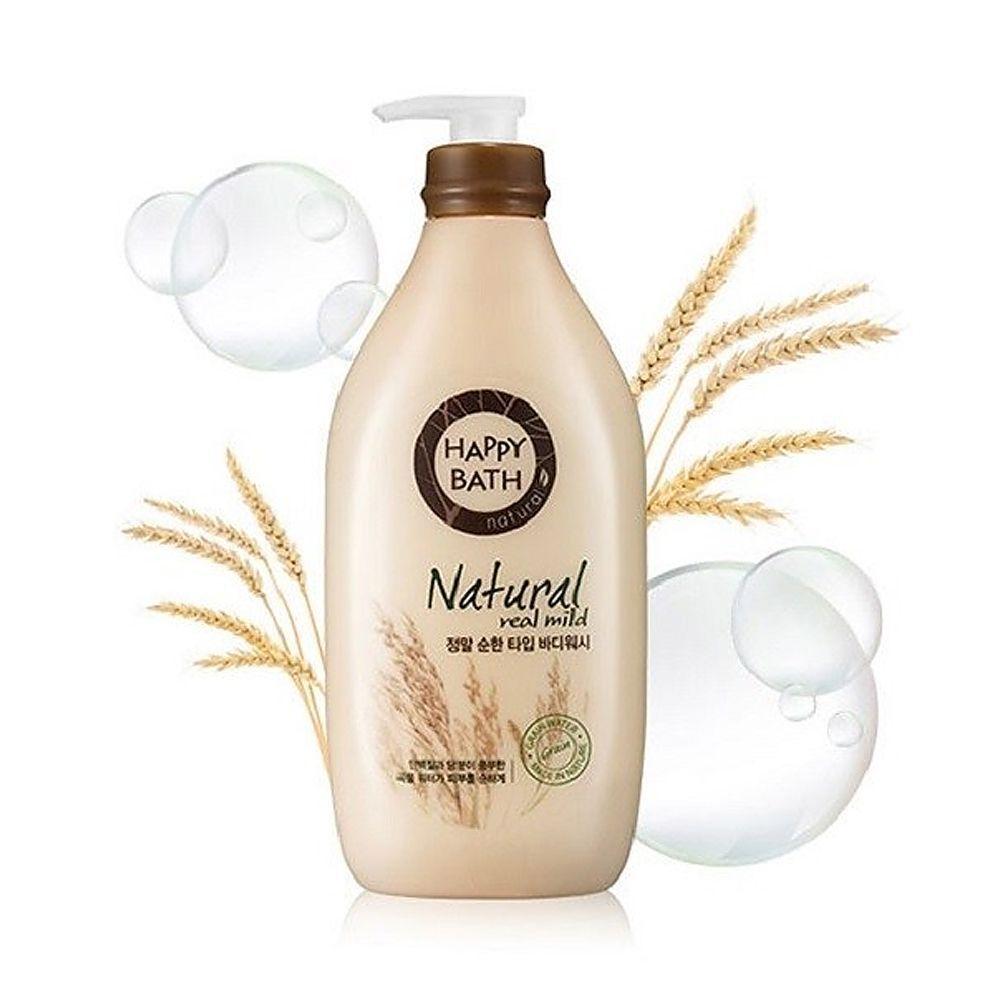 Happy Bath纯净香氛沐浴乳，展现瓶装细节与品牌徽标，以接近肌肤温和护理为主打，适用于敏感肌消费者。