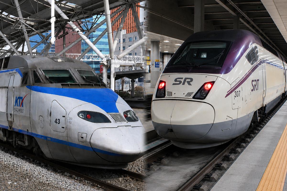 ソウル発・釜山行きで比較されるKTX（ソウル駅）とSRT（水西駅）の案内イメージ