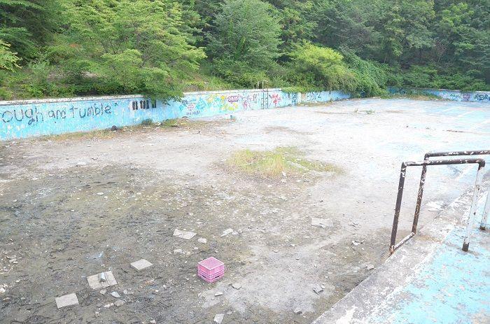 Wide view of the abandoned swimming pool at Seoul National University, displaying cracked tiles and vibrant graffiti.