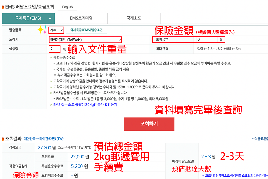 Korea Post EMS rate calculator screenshot showing fields for entering document weight and destination for Taiwan, used to estimate shipping costs.