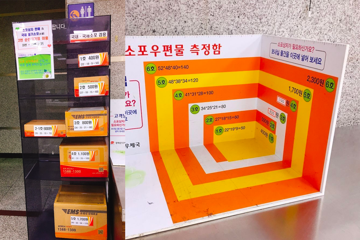 Display of Korean postal boxes with a size chart measurement guide, showing various dimensions and prices of EMS boxes available at Korea Post offices.