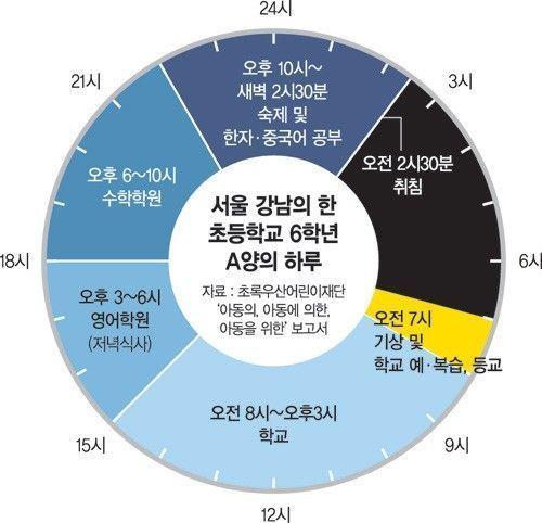 Infographic of a Seoul elementary student's daily schedule filled with classes and extracurricular activities.